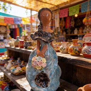 Handcrafted Ceramic Lady Figurine with Floral Bouquet